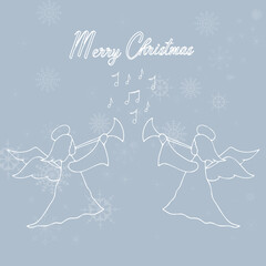 Winter postcard, background with deer, Christmas tree, snowflakes, bells, angels. Greetings for the holidays.