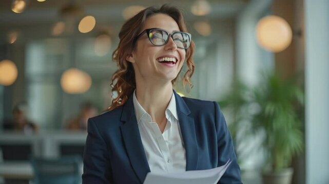 A cheerful young woman wearing glasses and a business suit smiles brightly while standing near a window. Her hair is tied back in a casual ponytail, and the soft light enhances her professional and ap