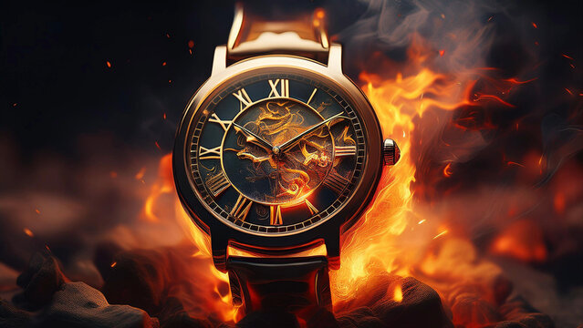 Watch/clock on fire showing the fast passing of time. AI generated