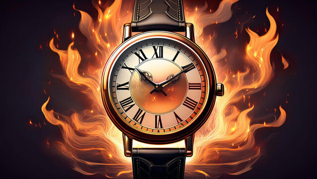 Watch/clock on fire showing the fast passing of time. AI generated
