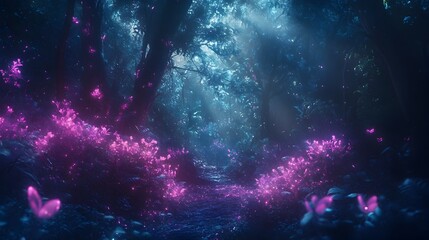 Enchanting Bioluminescent Forest Landscape in Ethereal Glow of Mystical Glowing Plants