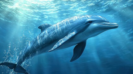 Fototapeta premium A dolphin swims through the ocean with sun rays shining through the water.