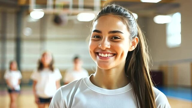 Elementary PE Class. Happy Young Female Coach Engaging with Students, Smiling at the Camera in a School Gym Setting