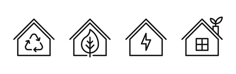 Eco house icons set. Ecology home with leaves, solar panels, recycle symbol. Vector illustration.