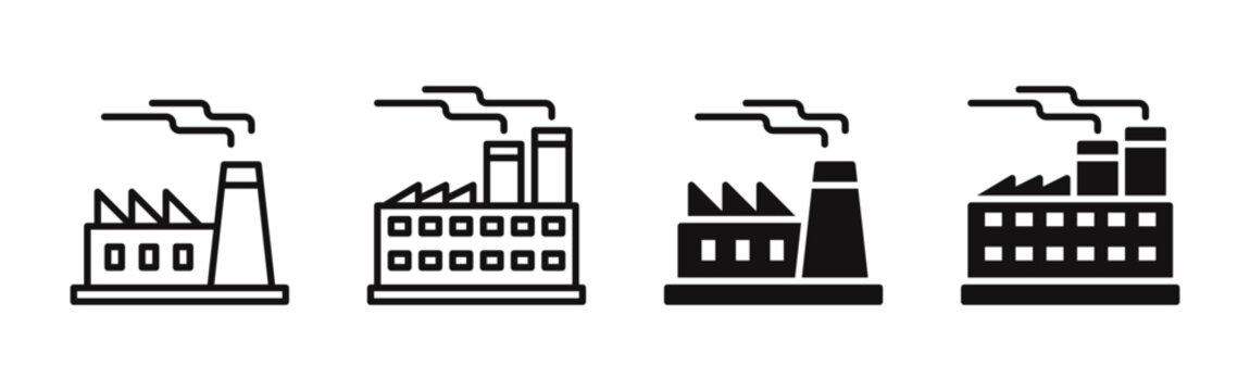 Industrial factory buildings icons set. Factory buildings, business manufacture station, chemical industrial construction. Vector illustration.