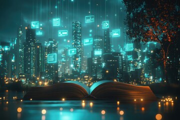 Fototapeta premium Night skyline of a futuristic city, with digital data icons above an open book, symbolizing the connection between knowledge, and technology. Perfect for futuristic education, and smart cities
