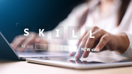 Upskilling and personal development concept. Skill training, education, learning, ability. Upskilling, reskilling,