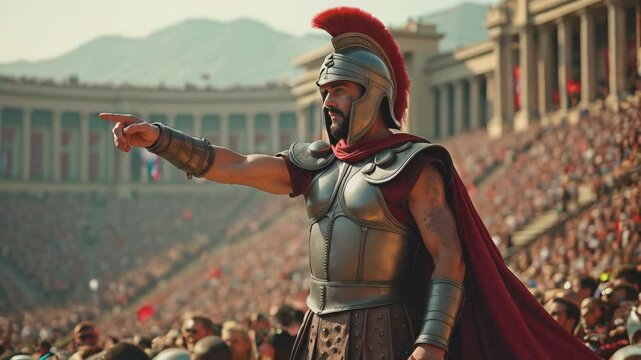 A powerful Roman soldier in full armor stands confidently, pointing forward with authority. Wearing a detailed helmet with a red plume, he represents strength, leadership, and ancient warfare.