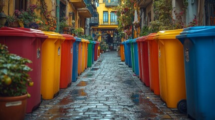 Urban Scene with Colorful Trash Bins in a City Alley