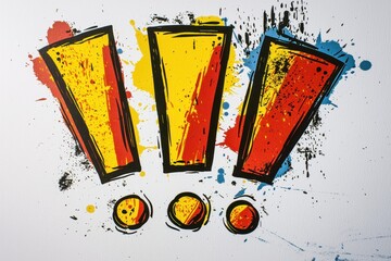 Boldbold comic-style design featuring three exclamation marks with vibrant paint splatters,isolated against neutral background. Perfect for themes of pop art, graphic design, and comic book style