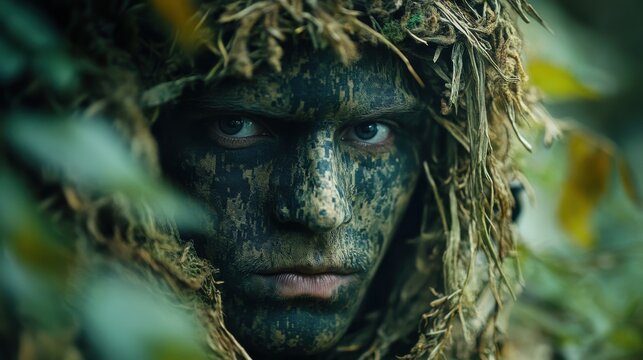 Camouflaged sniper blending into the environment, 4K hyperrealistic photo