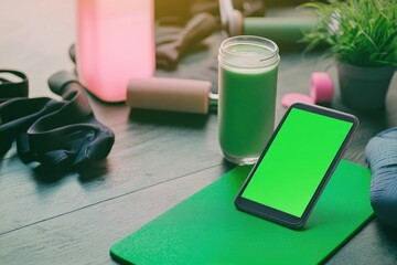Phone with green screen beside a smoothie and workout gear on a fitness mat