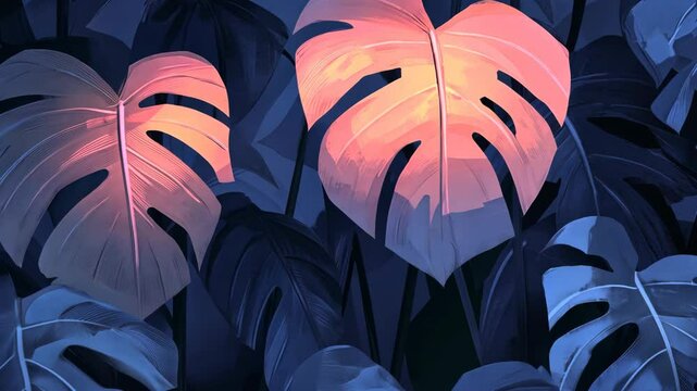 A single pink leaf stands out amongst the dark blue foliage in this lush tropical setting