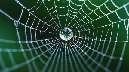 Fototapeta premium Gleaming water droplet caught in a spiderweb, fluid threads holding it, illuminated by soft morning light, macro focus, delicate fluid, gleaming reflection