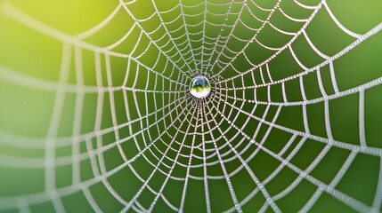 Obraz premium Gleaming water droplet caught in a spiderweb, fluid threads holding it, illuminated by soft morning light, macro focus, delicate fluid, gleaming reflection