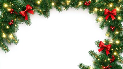 Christmas Tree Corner Border with Red Bows and Berries on White Background