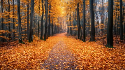 Fototapeta premium Forest trail with a carpet of golden leaves