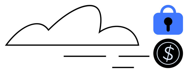 Cloud icon with security lock and dollar symbol. Ideal for technology, security, finance, cloud services, and online transactions. Simple lines and clean design, vector style. Blue and black colours