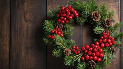 a wreath of red berries hangs on a wooden background.