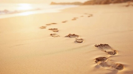 Obraz premium Footprints in the golden sand lead toward the shimmering water at sunset on a tranquil beach