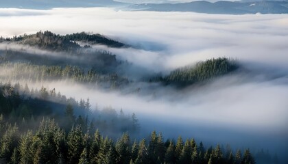 Fototapeta premium Ethereal Morning Mist Blanketing Pine Forests. Serene Dawn Landscape Dense Fog Rolling Over Mountainous Woodland, Tranquil Beauty of Nature's Mystical Atmosphere in the Golden Hour