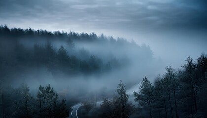Fototapeta premium Enigmatic Fog Covered Path at Dawn. Lonely Frost Kissed Road Winding Through Bare Winter Trees, Shrouded in Blue Mist Solitude Mystery Sense of the Unknown. Perfect for Dark, Reflective or Haunting 