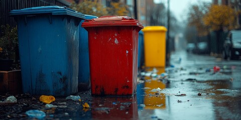 Obraz premium Colorful trash bins in a city alleyway on a rainy day