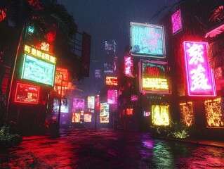 Luminous Neon Holograms Adorn Futuristic Retrofuturistic Cityscape at Night