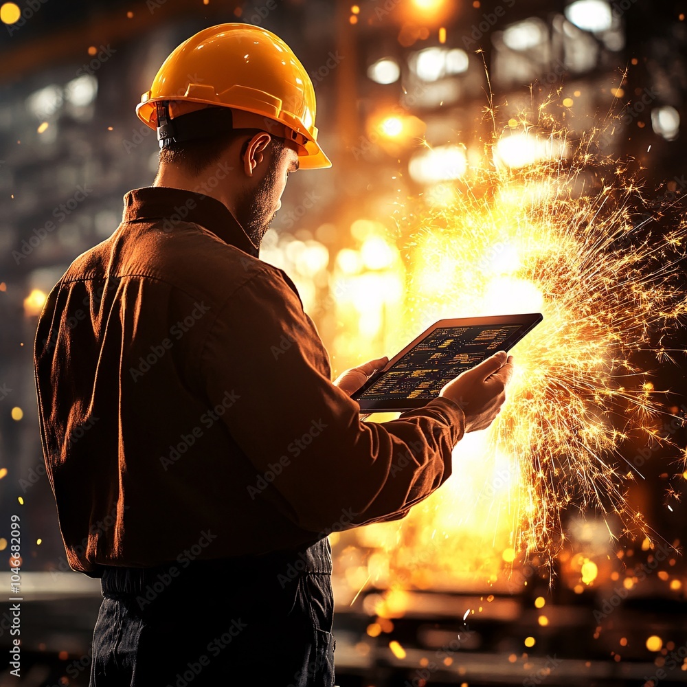 Poster a worker in a hard hat using a tablet in a factory setting with sparks flying in the background, sho