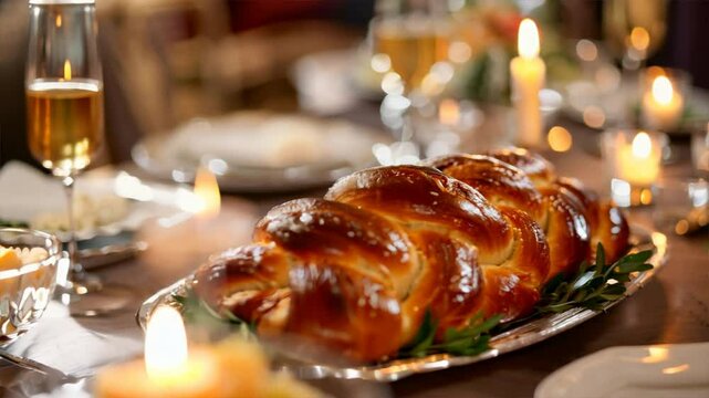 Festive Dinner Celebration with Freshly Baked Challah Bread, Candles, and Elegant Glassware on Beautifully Set Table for Memorable Food Experience.