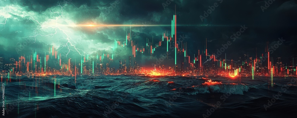 Poster dynamic illustration of an upward-trending graph in a stormy ocean landscape with clouds and lightni