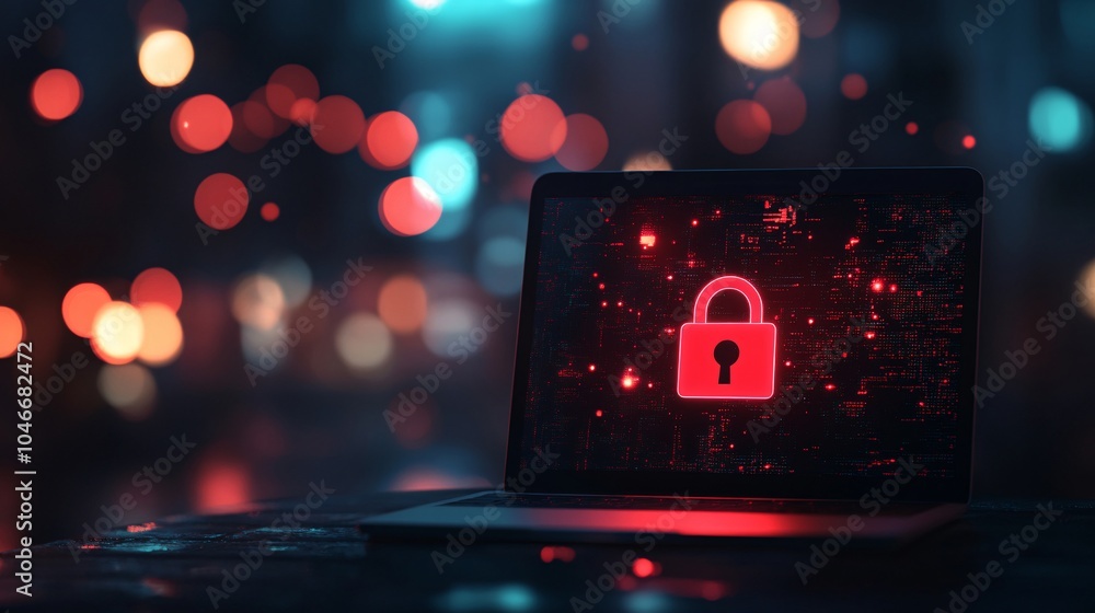 Poster a laptop displays a glowing padlock symbol representing cybersecurity, surrounded by colorful bokeh 
