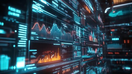 Abstract futuristic digital interface with glowing lines, graphs, and data visualizations.
