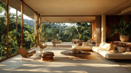 Fototapeta premium A serene, modern living space with large windows overlooking lush greenery.