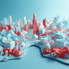 3D origami cityscape with colorful geometric buildings and trees