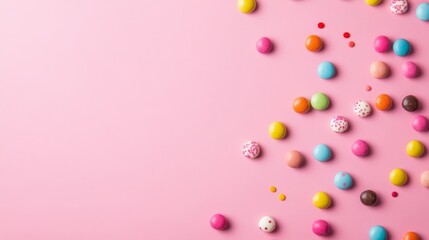 Photo of, Pink background with scattered candies for design, banner template