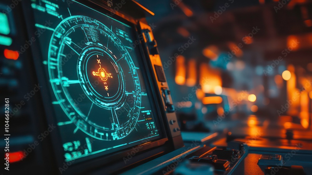 Poster close-up of a futuristic compass screen in a control room with a blurry background.