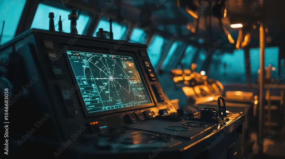 Poster close-up of a radar screen in the cockpit of a ship with a green and blue color scheme.