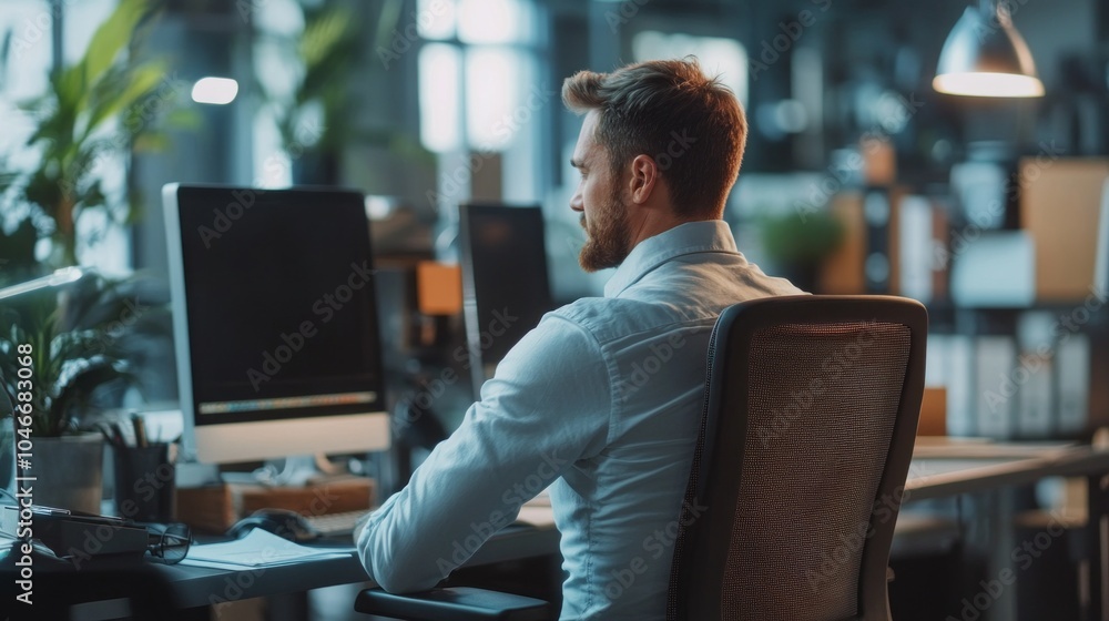 Poster A man is sitting at a desk with a computer monitor in front of him