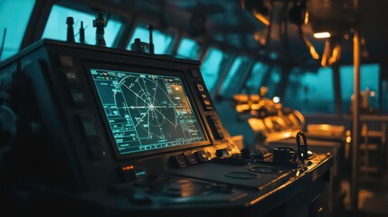 Close-up of a radar screen in the cockpit of a ship with a green and blue color scheme.