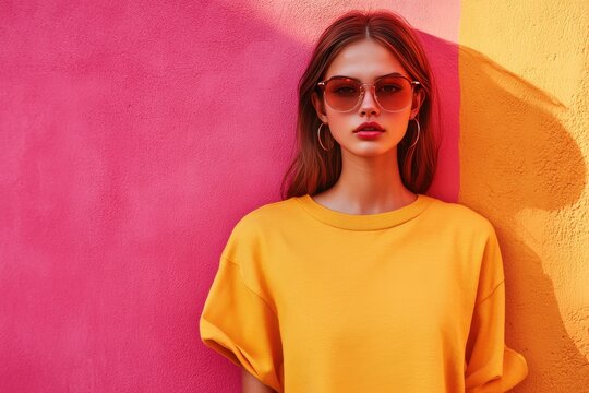 Stylish woman in yellow shirt sunglasses colorful background