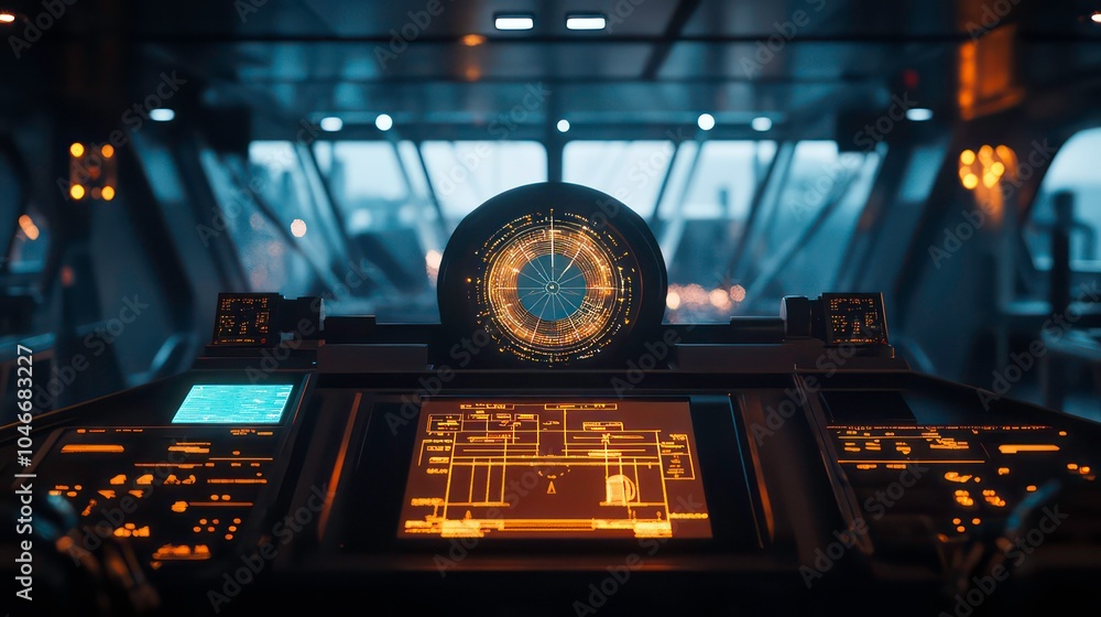 Poster A futuristic spaceship bridge with a compass-like display and multiple screens.