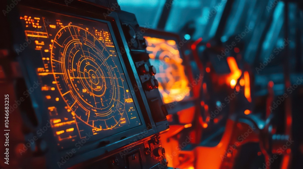 Poster close-up of a radar screen in a ship's cockpit, showing an orange and black display.