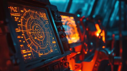 Close-up of a radar screen in a ship's cockpit, showing an orange and black display.