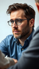 Obraz premium Pleasant concentrated man discussing his feelings with psychologist with white shades, png