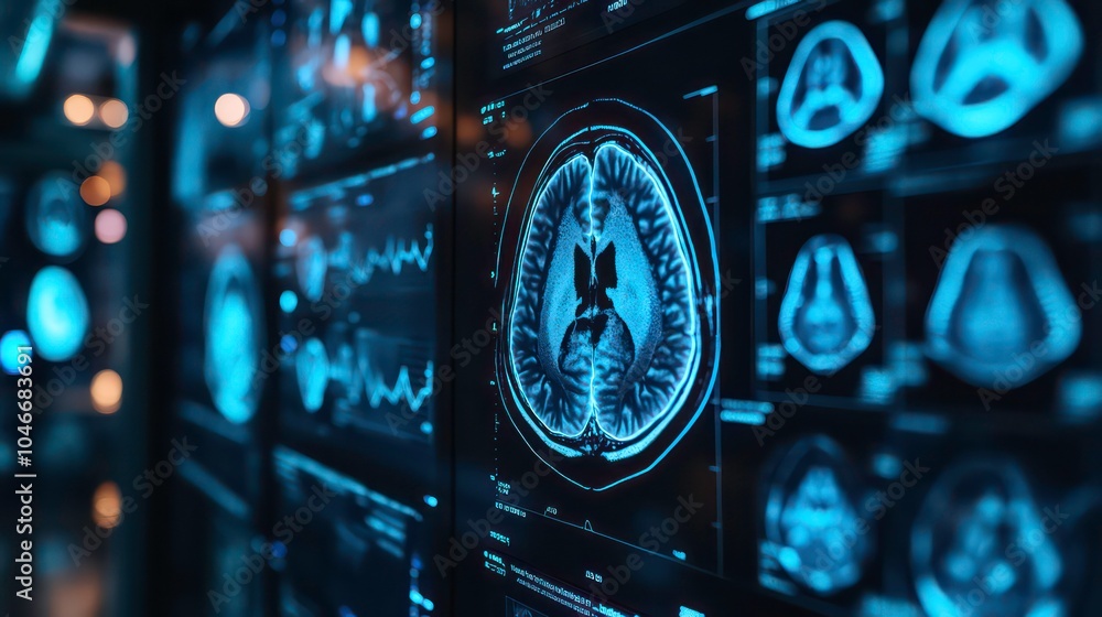 Aufkleber advanced medical imaging technology in neon blue showcasing a series of brain mri scans for neurolog