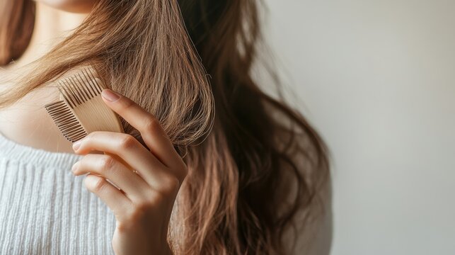 A woman confronts her hair loss, feeling anxious as she examines strands caught in her comb at home. Generative AI