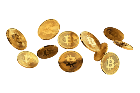 Golden bitcoin isolated on transparent background, PNG