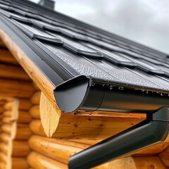Close-up of a modern roof gutter system with raindrops, showcasing practicality and design on a log cabin structure.