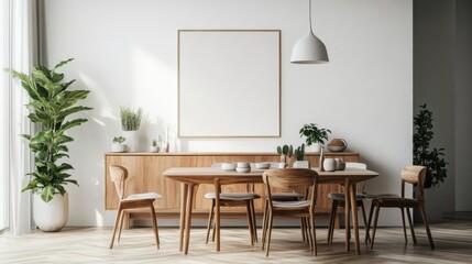 Fototapeta premium Bright dining room with a blank canvas on the sideboard
